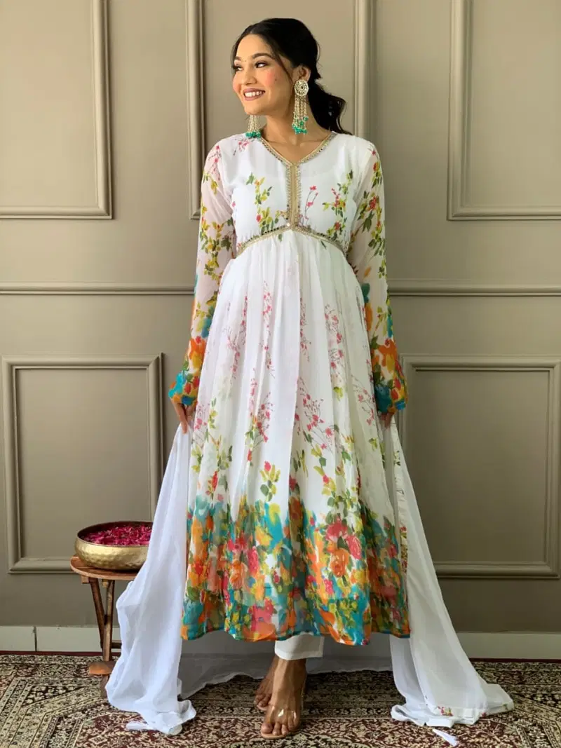 Kalaai Alia Cut Georgette Printed Long Kurti With Bottom Dupatta Wholesalers In Delhi
